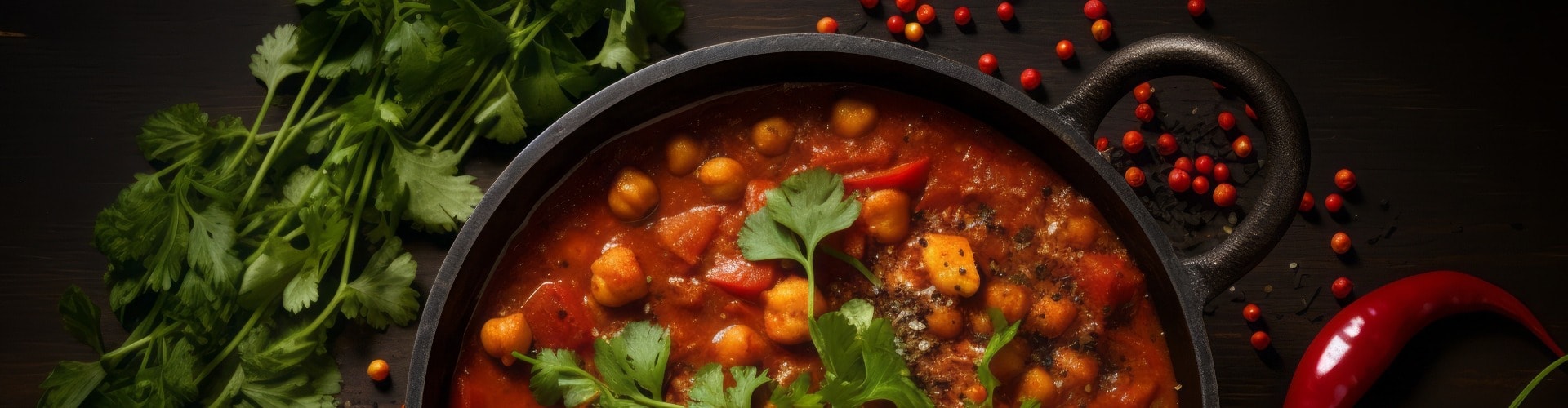 food photograph of indian dish Chana Masala, high resolution, 16:9 format, copy space